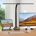 LED Desk Lamp with Base - Bright Dimmable Computer Lamp with Phone Holder, 24W Bendable Desk Light for Monitor Screen, Eye-Caring Tall Desktop Light for Task Home Office Work, Black, Dual Head