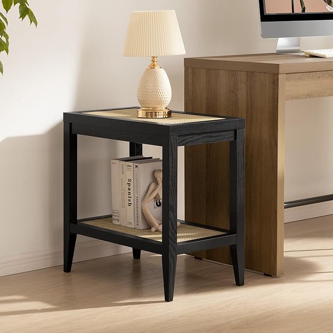 SICOTAS Rattan Nightstand Bedside Table - Farmhouse Boho Narrow Accent End Table with 2 Open Rattan Shelves for Bedroom, Living Room, Small Spaces - Black Oak