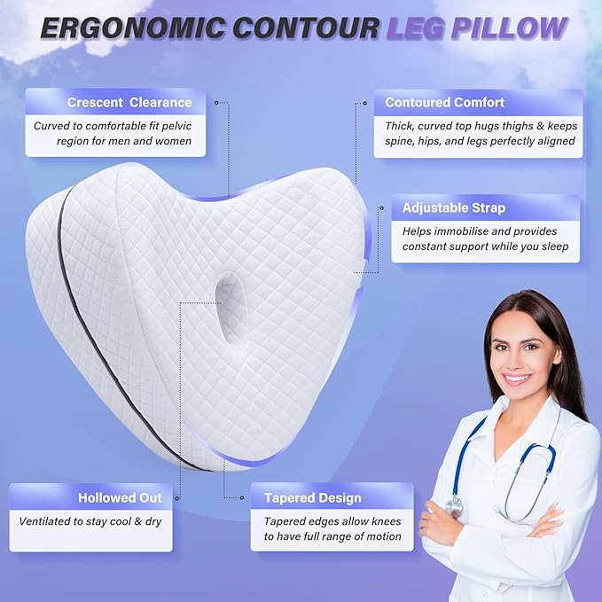 SAHEYER Knee Pillow for Side Sleepers, Momory Foam Leg Pillow for Side Sleeping, Heart Shape Leg Elevation Pillow, Washable Cover Knee Support Pillow for Spine Alignment, Sciatica Relief, Post Injury