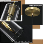 Modern Brass Pendant Lights Kitchen Island Glass Pendant Light Fixtures, 9.5'' Farmhouse Clear Glass Cylinder Pendant Light, Gold Kitchen Pendant Lighting over Island Sink, E26 Bulb Included