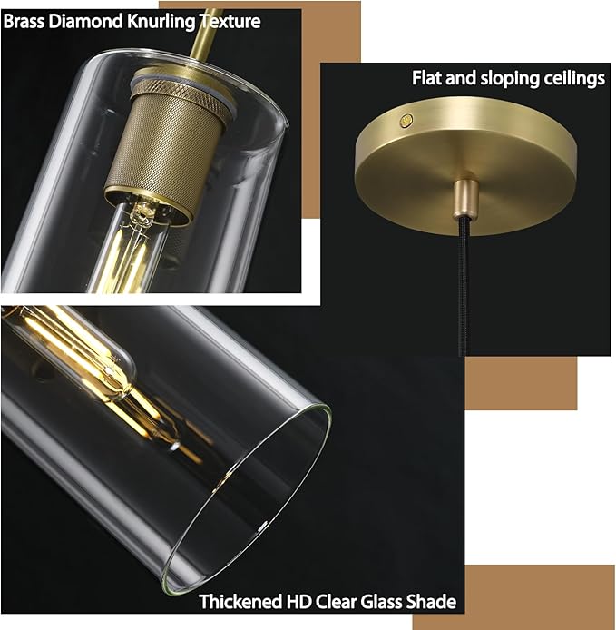 Modern Brass Pendant Lights Kitchen Island 2 Pack Glass Pendant Light Fixtures, 9.5'' Farmhouse Gold Pendant Light Kitchen Pendant Lighting Over Island for Sink, Bathroom, Bar,Dining Room