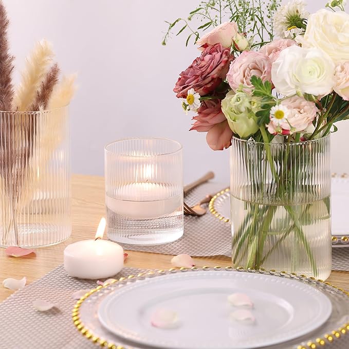 12pcs Glass Cylinder Vases for Centerpieces, Clear Ribbed Flower Vases for Wedding Decorations, Vintage Decorative Vase Set for Flowers, Hurricane Floating Candle Holder for Party Home Decor, 4''+6''