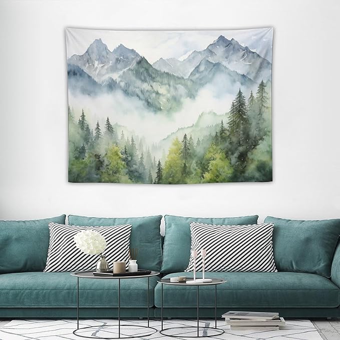 HZOHNAGO Mountain Tapestry Misty Green Forest Mountain Pattern Printed Wall Tapestry Wall Hanging for Bedroom Living Room Dorm 40" W x 30" H