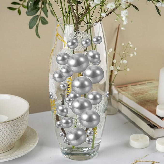 100PCS Silver Grey Faux Pearls Beads for Centerpiece Vases, Vase Filler Faux Pearls, No Holes Filler Beads for Party Anniversary Birthday Wedding Table Decor, 14/20/30mm