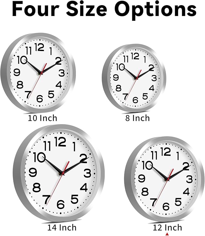 Wall Clock Silent Non-Ticking Modern Clock Battery Operated 12 Inch Small Classic Analog Decorative for Kitchen, Bathroom, Office, Bedroom, Home(Silver)