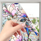 Stained Window Film Decorative Purple Magnolia Flower Static Glass Clings Stickers for Home Office Living Room Bedroom Glass Windows Door Decor 16.93 x 39.37 Inches