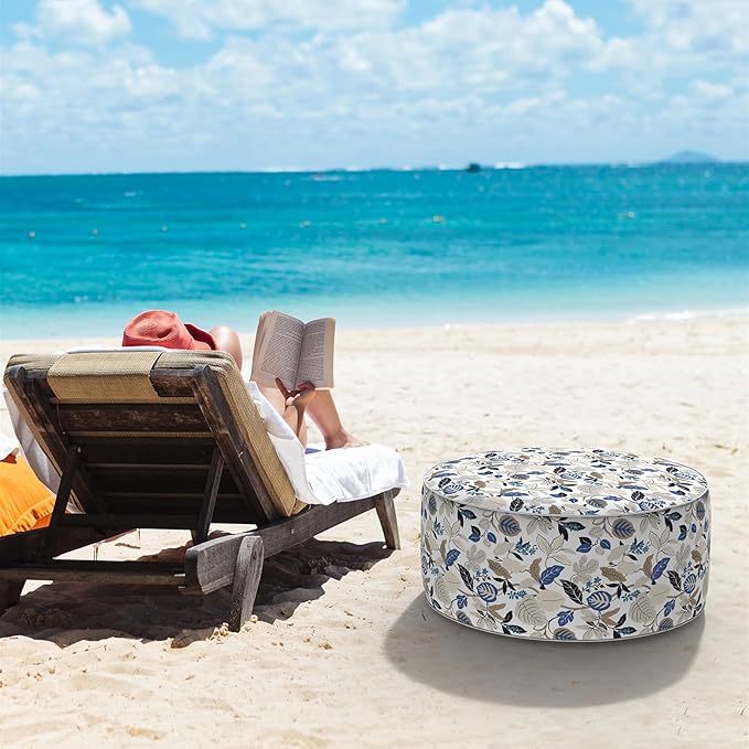 LVTXIII Indoor/Outdoor Inflatable Ottoman, D31 x H14 Inch Large Round Ottoman, All Weather Foot Rest Stool, Portable Footrest for Patio, Garden, Camping and Home - Breeze Leaves Beige