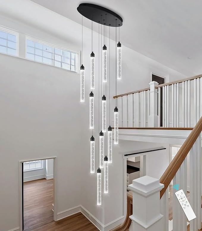 12-Lights Chandelier LED Dimmable Chandeliers for Entryway Flush Mount Ceiling Pendant Light Fixture Crystal Chandeliers for Living Room Black Finished Lighting Modern High Ceiling Chandelier