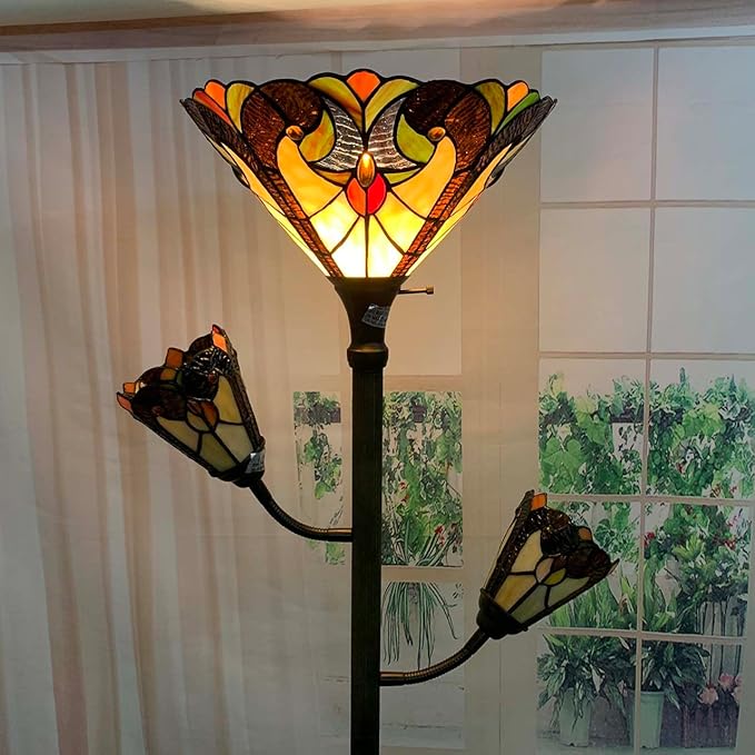 Bieye L10839 Baroque Tiffany Style Stained Glass Torchiere Floor Lamp with Sidelights for Reading, 70-inches Tall (Baroque, Brown)