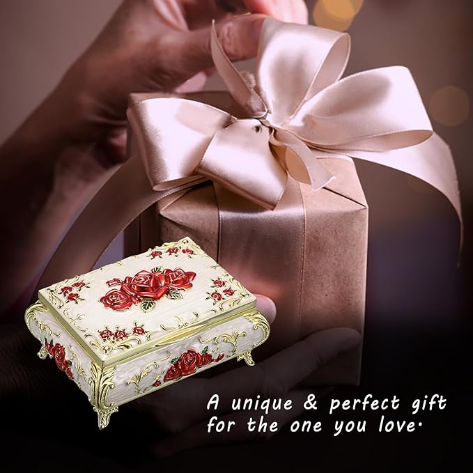 ELLDOO Vintage Music Box, Beige Metal Musical Jewelry Box Keepsake Box, Small Trinket Jewelry Storage Box Gift for Girl Women (Tune: You are My Sunshine), Red Rose Pattern