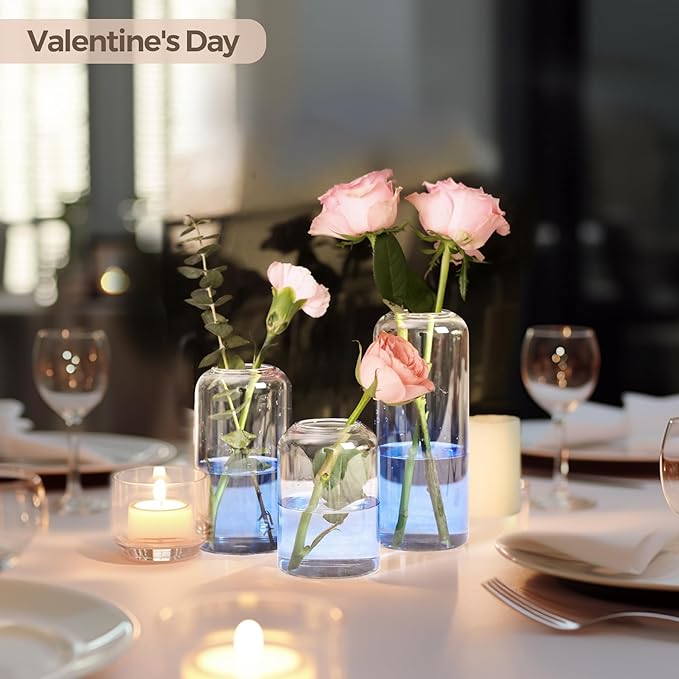 ComSaf Small Flower Vase Set of 12, Glass Bud Vases in Bulk, Blue Vases for Flower, Decor Centerpiece for Bathroom, Decorative Vases for House Warming, Valentines' Day, Mother's Day, Thanksgiving Day