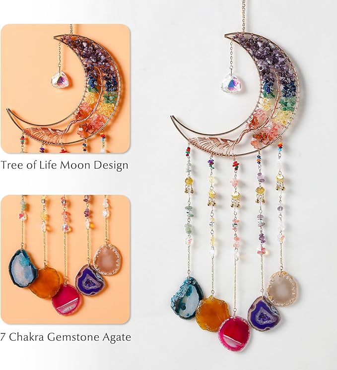 Agate Gemstone Dream Catcher 7 Chakra Tree of Life Dream Catcher with Rainbow Crystal Stones Handmade Dreamcatcher Wall Decor for Adults Boys Girls,Bedroom,Wedding,Garden,Bless Gift(Rainbow Moon)