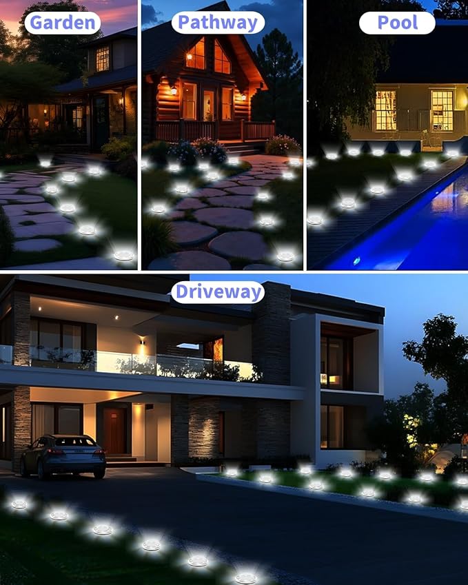 Solar Ground Lights Outdoor 12 Pack Waterproof Upgraded Flat Solar Garden Lights with 4 Side Light Stainless Steel Solar Powered Disc Light for Walkway Pathway Landscape Lawn Yard - Cool White