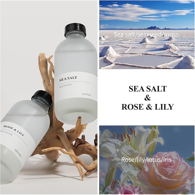 Rose Lily & Sea Salt Reed Diffuser Set of 2, 14.8 oz(220mlx2) Sea Salt Musk and Flower Essential Oils, Bathroom Air Freshener with Willow Branches Decor, Long Lasting Fragrance for Home