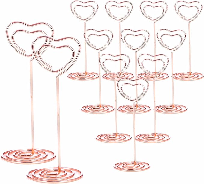 12pcs Table Number Holders Metal, 3.35 inch Place Card Stands for Wedding Centerpieces, Birthday Party - Table Card & Photo Picture Holders (Rose Gold-Heart Shaped)