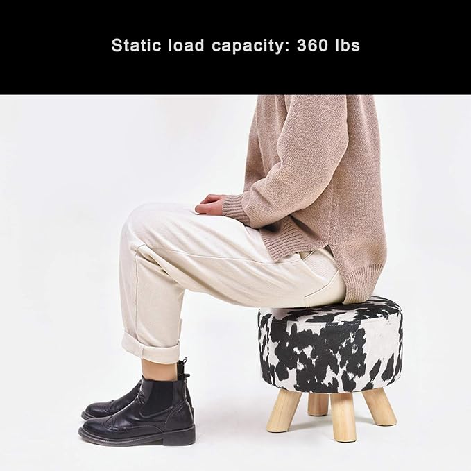 Asense Small Round Ottoman Foot Rest Stool Linen Padded Seat Footstool Ottoman with Anti-Slip Wooden Legs (Cow Black,Linen)