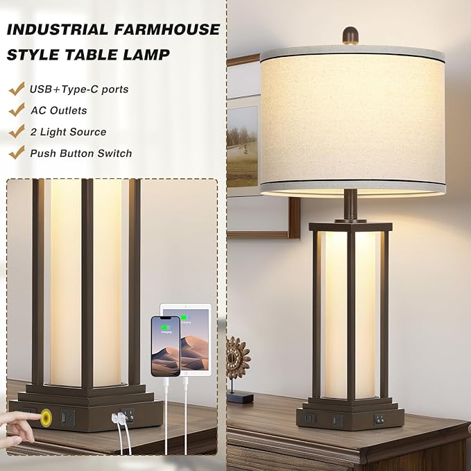 27in Tall Farmhouse Table Lamp Set of 2 with USB C+A & Outlet,Brown Industrial End Table Lamp for Living Room,Vintage Rustic Bedside Lamps with Night Light for Bedroom Nightstand,Brown