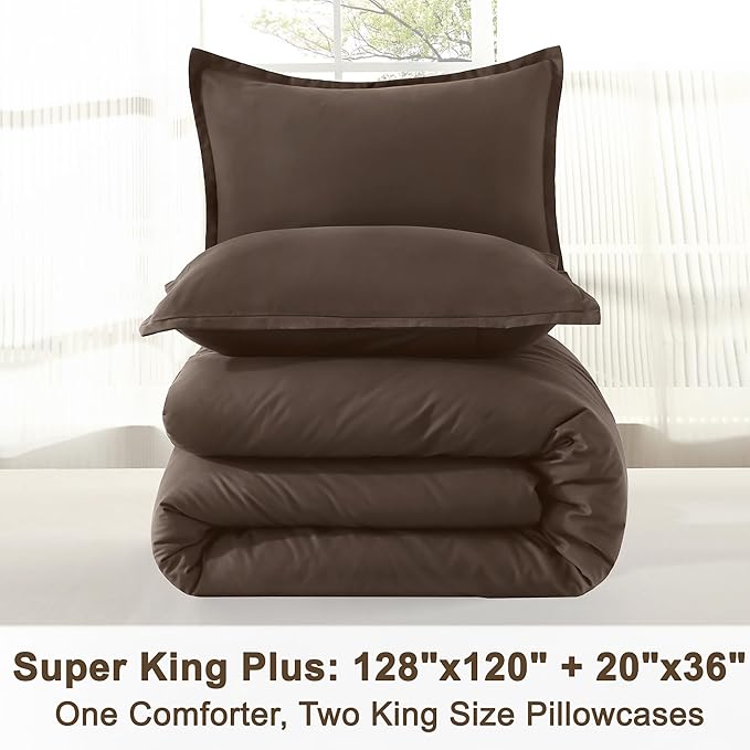 Litanika Comforters Chocolate Super King Plus Size, 3 Pieces Lightweight Solid Bedding Set & Collections, All Season Fluffy Bed Set (128x120In Comforter & 2 Pillowcases)