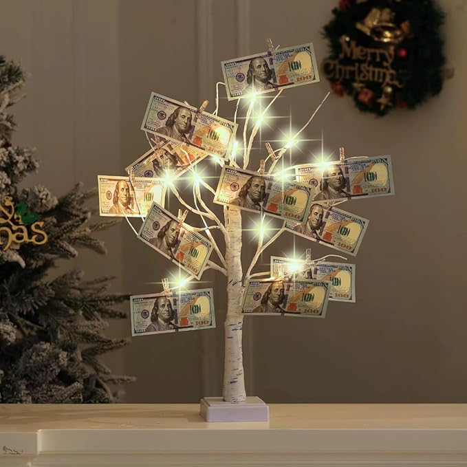 Money Tree Gift Card Holder 24 LED Birch Tree Lamp Battery/USB Powered Light Up White Trees Gift Card Holder with 22 Clear Clips for Photo Birthday Fall Thanksgiving Halloween Christmas