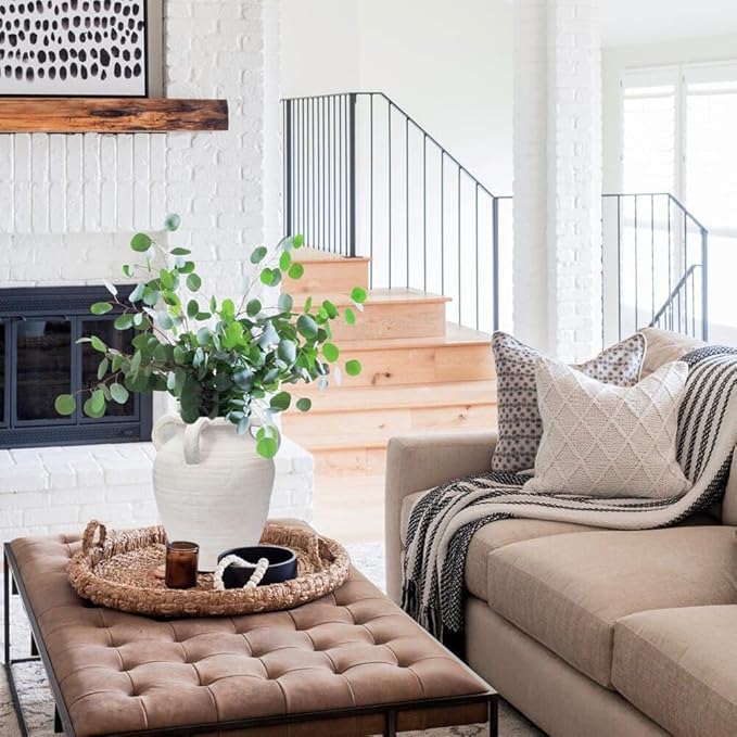 Handcrafted Flower Vase, 9.8" Tall Terracotta Vase, Vintage White Ceramic Vase, Rustic Antique Decor with 4 Handles, Wide Mouth, Matte Finish for Home Office Resto Café Décor