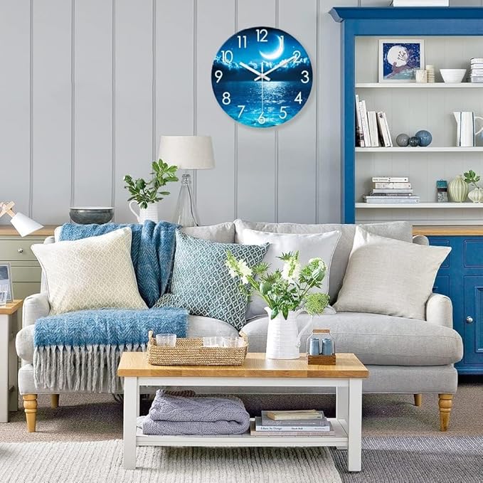 XFM Blue Wall Clock for Bedroom 12 Inch Natural Landscape Round Analog Clocks Battery Operated Moon Wall Clock Non Ticking Decorative for Kitchen Living Room Office