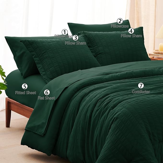 CozyLux Queen Comforter Set Emerald Green Seersucker 7 Pieces Bed in a Bag Queen Comforter Set with Sheets, Luxury Soft Bedding Set with Down Alternative Comforter, Sheets, Pillowcases & Shams