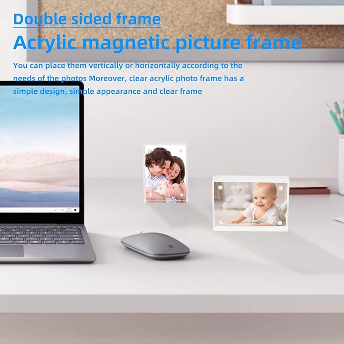 Acrylic Picture Frame 2.5 x 3.5 Clear Acrylic Business Card Frame Double Sided Frameless Magnetic Photo Frames Block Desktop Display Stand for School Office Home Decoration 20mm Thick
