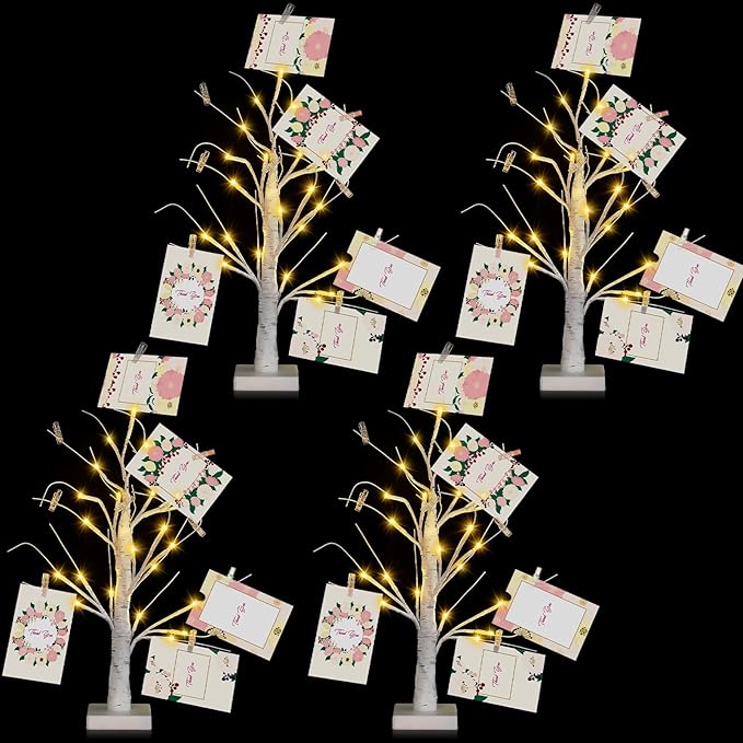 Retisee 4 Pieces Money Tree Gift Card Holder with 12 Clips & 24 LED Lighted Tips 23" White Birch Money Tree for Cash Memo Photo Picture Tabletop Display Christmas Birthday Party Wedding Gifts