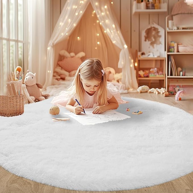 Round Area Rug for Living Room: White Shag Rugs for Bedroom- 8x8 Feet Fluffy Round Rugs for Living Room- Shag White Rugs Soft Plush Indoor Carpets for Bedroom, Nursery, 8ft