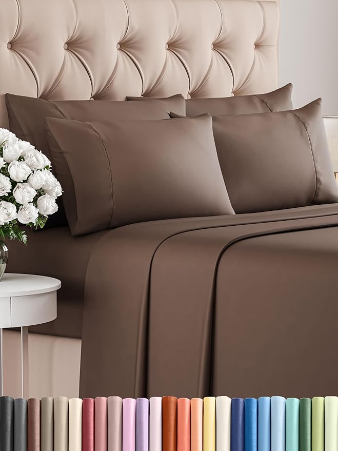 Full Sheets Set 6 Piece - Includes 4 Pillowcases - Bed Sheets Full Size - Soft Hotel Luxury Bedding - Cooling, Comfy, Fade Free & Breathable - 1 Flat & 1 Fitted & 4 Pillowcases w/ Deep Pockets - Brown