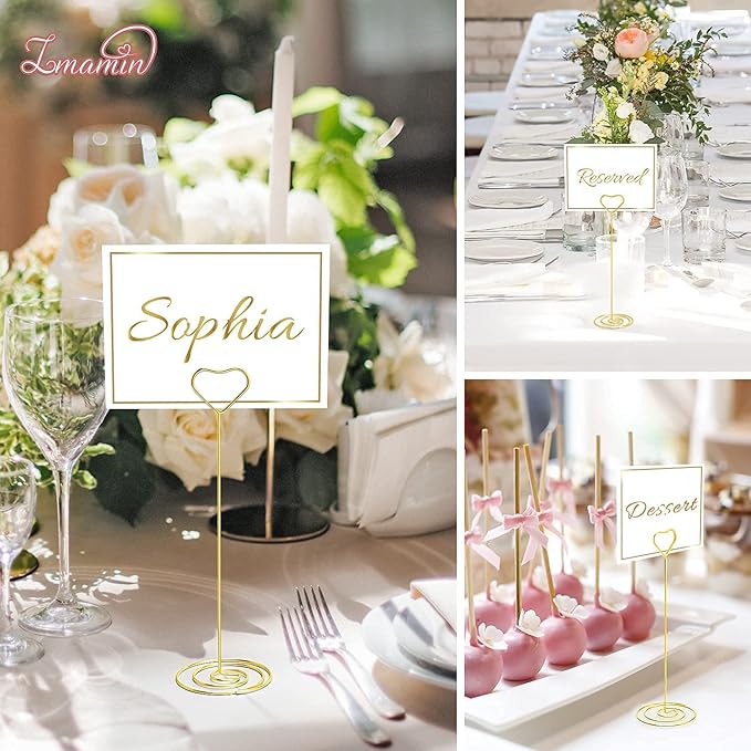 16pcs Place Card Holders, 8.75 Inches Tall Table Number Holders, Gold Picture Holder for Tables with Heart Shaped Clip for Wedding, Photos, Food Signs, Memo Notes, Restaurant, Birthday