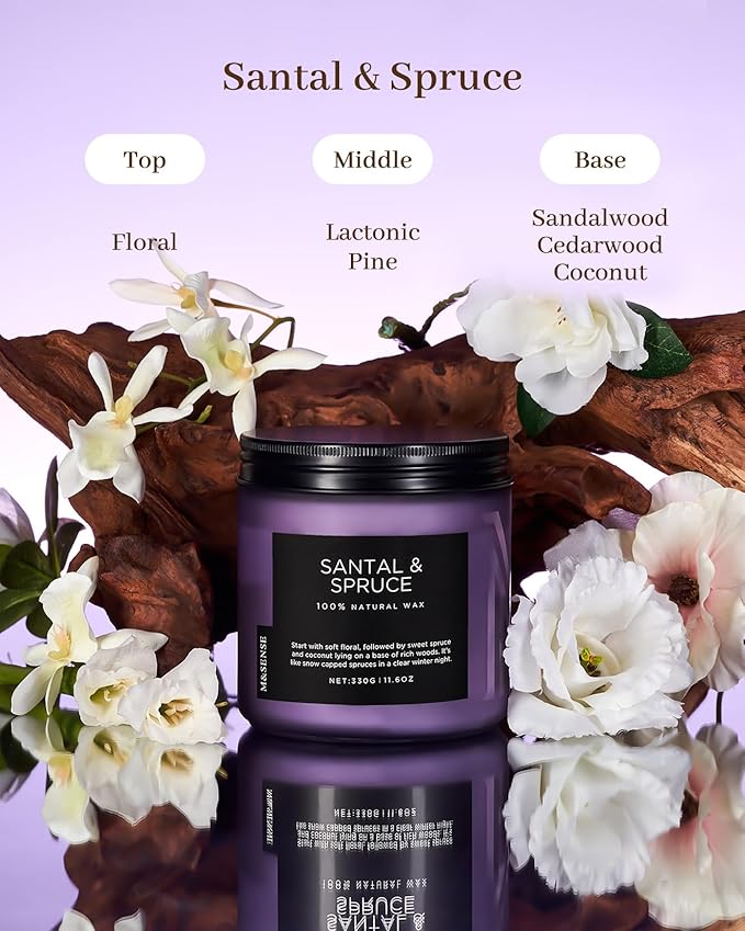 M&SENSE Santal Spruce Christmas Scented Candle, 11.6oz 70 Hours Burn Non Toxic Natural Soy Wax, 2 Cotton Wick Candle for Winter Holiday Housewarming Gifts for Family Friends Teachers