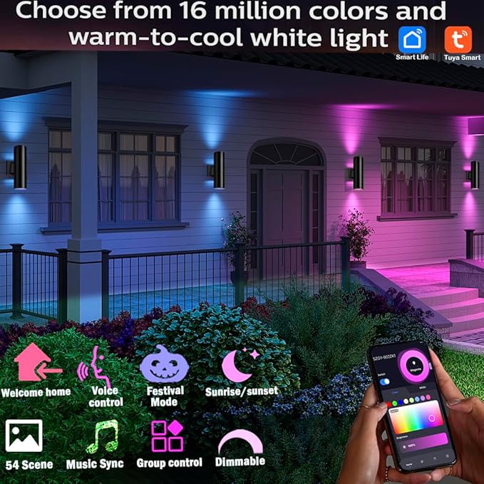 rosykite RF Remote Control RGB Colour Changing Lighting LED Double Up and Down Outdoor Wall Light,White Temperature 2700k- 6500k RGB+CCT Exterior Wall Lighting (2 Pack)