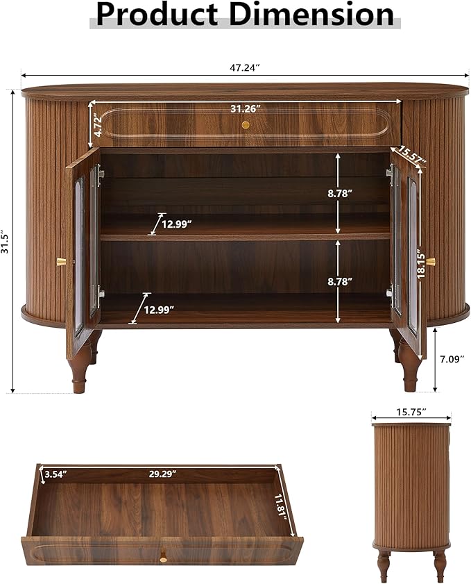 47'' Fluted Sideboard Buffer Cabinet with Drawer, Modern Credenza Storage Cabinet, Bar Cabinet Console Table with Tambour Sliding Side for Living Dining Room Kitchen Hallway Entryway, Walnut
