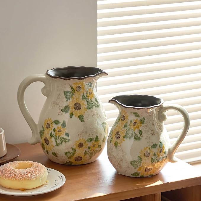 Levvohd Vintage Vase with Handle, 6 Inch Ceramic Pitcher Sunflower Floral Vases Decorative for Grandma Home Decor, Living Room Bookshelf Office Tuscan Decor (Small)