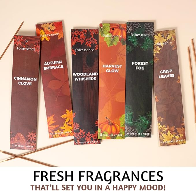 Folkulture Incense Sticks with Incense Holder | Set of 6 (120) Fall Insence-Sticks with 45 Min Burn Time | Cinnamon, Pumpkin Incense | Organic Fall Scents for Home | Fall Essentials for Meditation