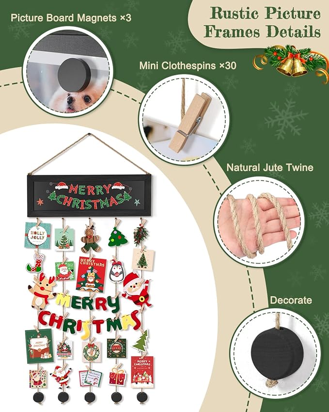 Bikoney Picture Frames Collage Wall Decor Photo Hanging Display Picture Board Wood Rustic Frames for Home Dorm Room Decor with Blackboard and 30 Clips Vintage Black