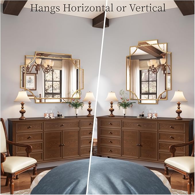 Kelly Miller Gold Bathroom Mirror for Wall, 24"x36" Large Decorative Mirror Gold Wall Mirror Vanity Mirror Beveled Wall Decor for Master Bath Half Bath Living Room Bedroom Fireplace Mantle Entryway