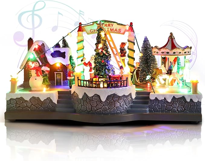 Vigdur Christmas Village Houses - Lighted Xmas Carousel & Rotating Train and 8 Xmas Songs, Christmas Animation Village Indoor Holiday Tabletop Decorations for Home Tabletop Gift