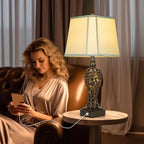 28.5" high Vintage Brown Table Lamps Set of 2 - Bedside Lamp with Faux Silk Shades - for Bedroom and Living Room with USB and Nightlight - Perfect for Nightstands and Bedrooms (Bulb Included)