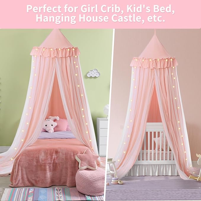 Bed Canopy with Star Lights, Double Layer Bed Canopy for Girls, Princess Canopy Bed Curtain for Twin Bed, Breathable Kids Dreamy Play Tent Room Castle Reading Nook, Machine Washable, 26''x125'' - Pink
