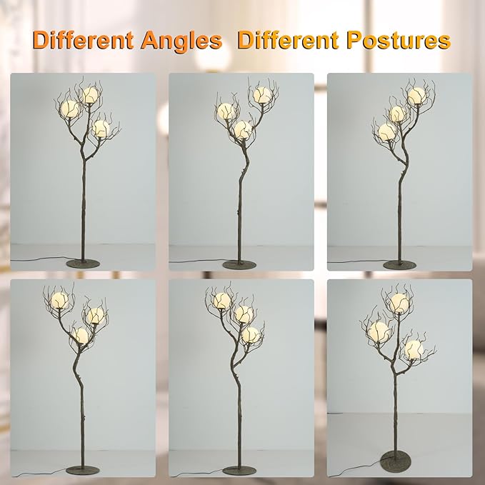 Tree Branch Floor Lamp for Living Room, 3-Light Gothic Moon Branch Floor Lamp, Wood Grain Resin & Metal Base for Farmhouse, Bedroom, Office,Halloween Decor(63")