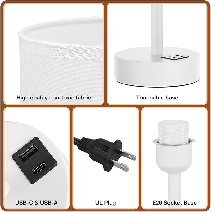 White Touch Bedside Lamp for Bedroom - 3 Way Dimmable Table Lamp with USB, Nightstand Lamp with White Charging Station for Desk Dorm, Girl Kids Room, Small