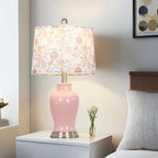 Pink Ceramic Table Lamp with Flower Lampshade, 23" Cute Ceramic Bedside Lamp with Ginger Jar Design, Modern Living Room Lamps Set 2, Elegant Bedroom Lamps for Nightstand Desk Side Home Decor