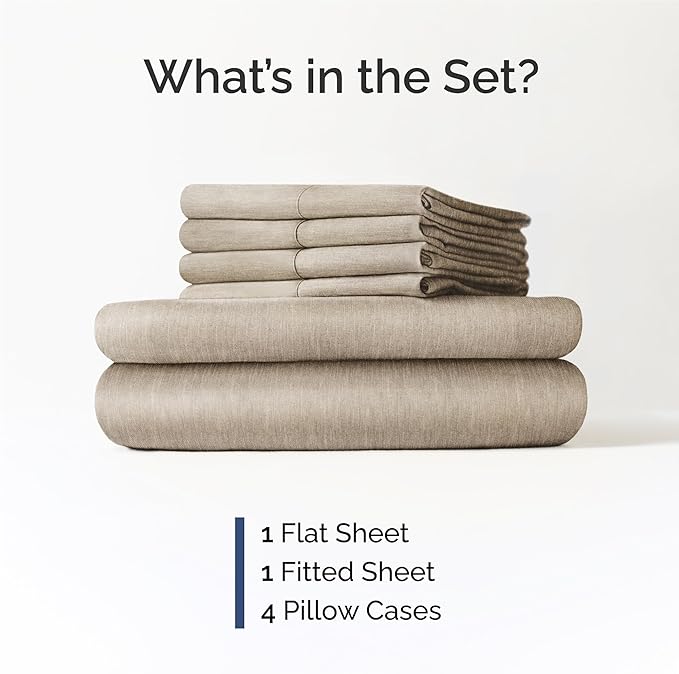 King Sheets Set 6 Piece - Includes 4 Pillowcases - Bed Sheets King Size - Soft Hotel Luxury Bedding - Cooling, Comfy & Breathable - 1 Flat & 1 Fitted & 4 Pillowcases w/ Deep Pockets - Heathered Beige