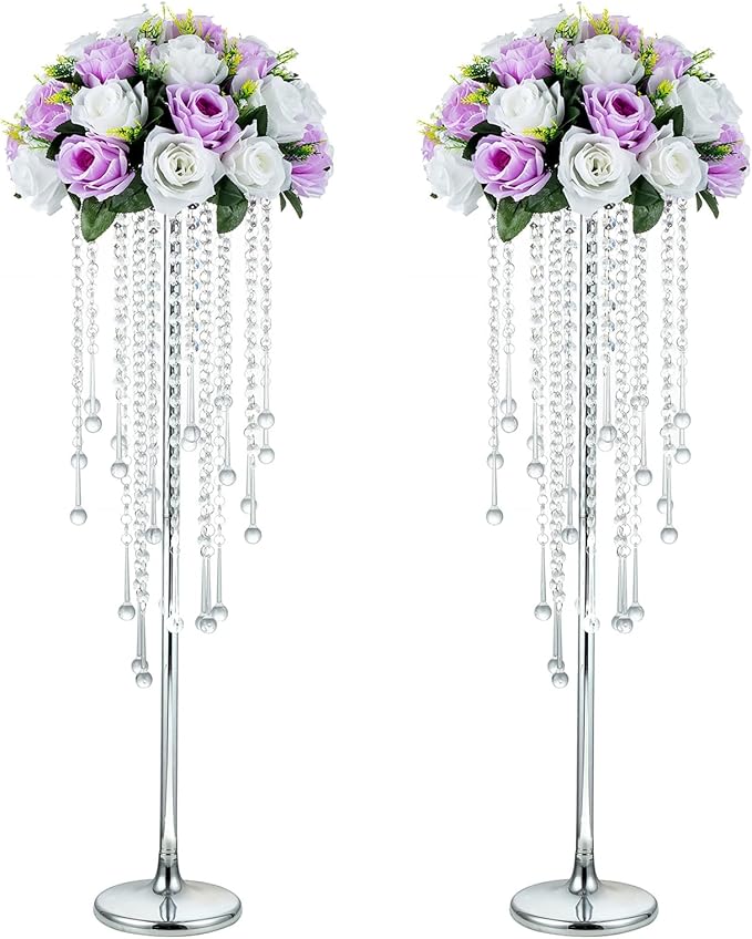 NUPTIO Silver Vase Wedding Centerpieces: 2 Pcs 29.5in Tall Crystal Flower Stand for Tables Elegant Metal Flowers Arrangement Vases for Weddings Birthday Party Anniversary Reception Home Decorations
