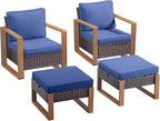 Outdoor Wicker Patio Furniture Set - 4 Piece Patio Conversation Set with 2 Wicker Armrest Chairs,2 Rattan Ottoman, Sturdy Frame, Thick Cushions, Deep Seating(Brown/Blue)