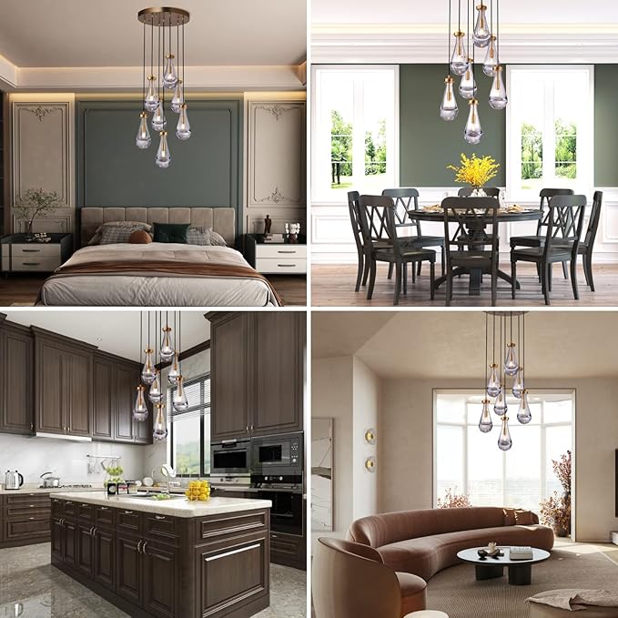 Brass Raindrop 7 Light Dining Room Pendant Light, Large Chandelier Adjustable Hanging Line, Living Room Pendant Light, Foyer Chandelier, Stairwell Pendant Lights, Bedroom