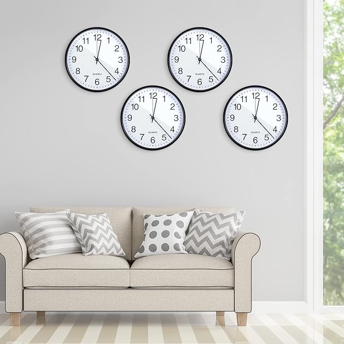 Batiyeer 6 Pcs 6 Pcs Silent Wall Clock Bulk 10 Inch Non Ticking Modern Wall Clocks Battery Operated for Classroom Home Office Kitchen School Living Room Decor (Black)