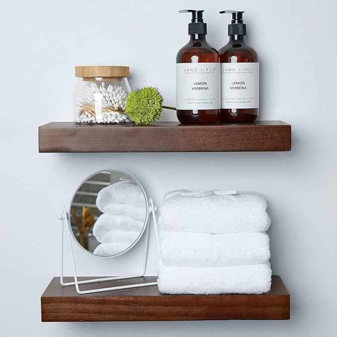 Homeforia Walnut Floating Bathroom Shelves, High End Solid Real Wood 16 inch Small Floating Shelf for Wall Mounted, Dark Brown 16inch Floating Shelves, Heavy Duty Bracket, 16 X 6.5 X 1.75 in, Set of 2